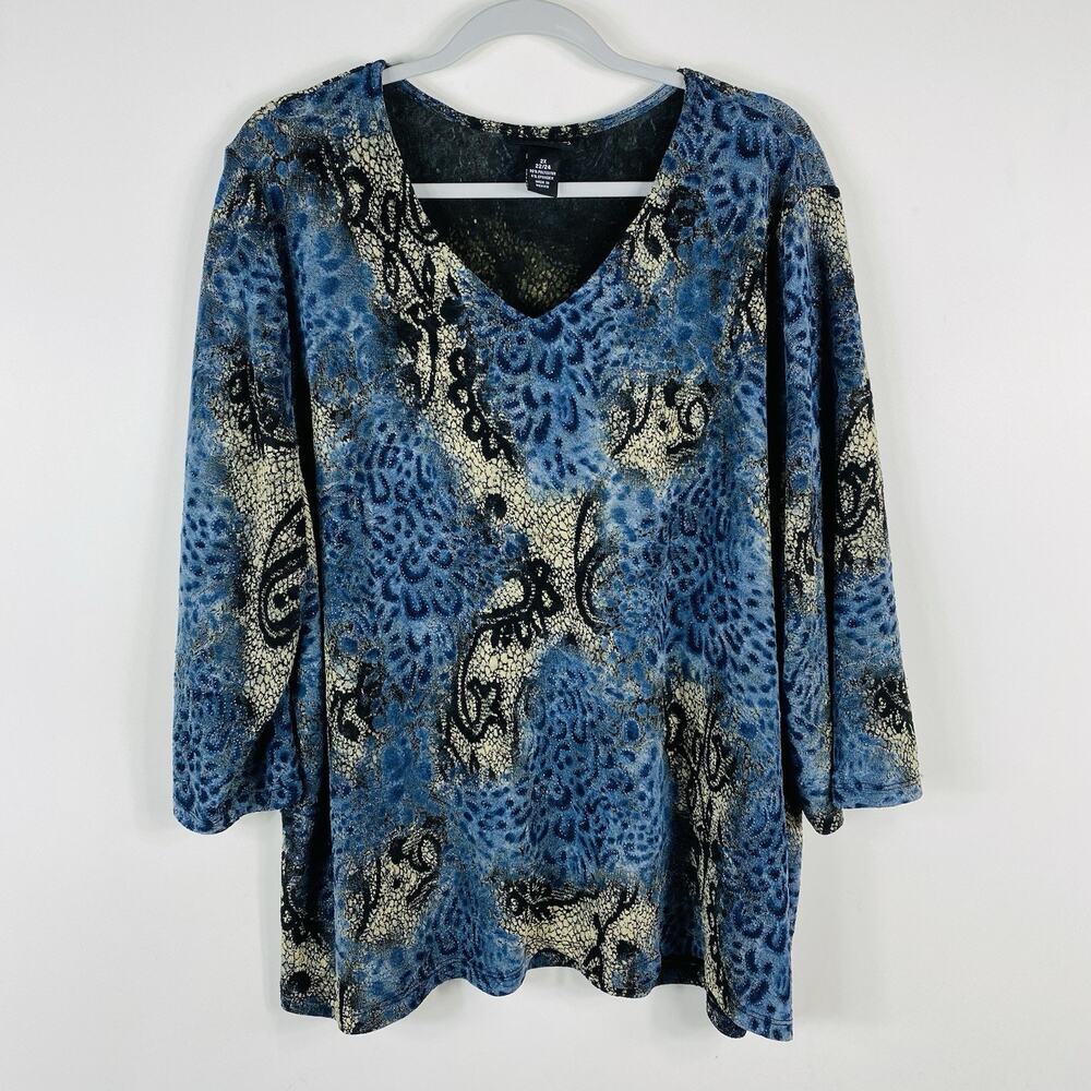 Maggie Barnes Top 2X 22 24 Stretch V-Neck Blouse 3/4 Sleeve Shimmer Printed